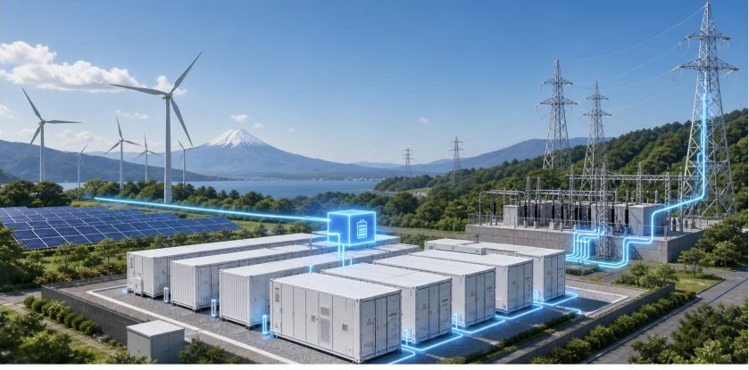 太陽光・風力発電設備と送電設備につながる系統用蓄電所のイメージ