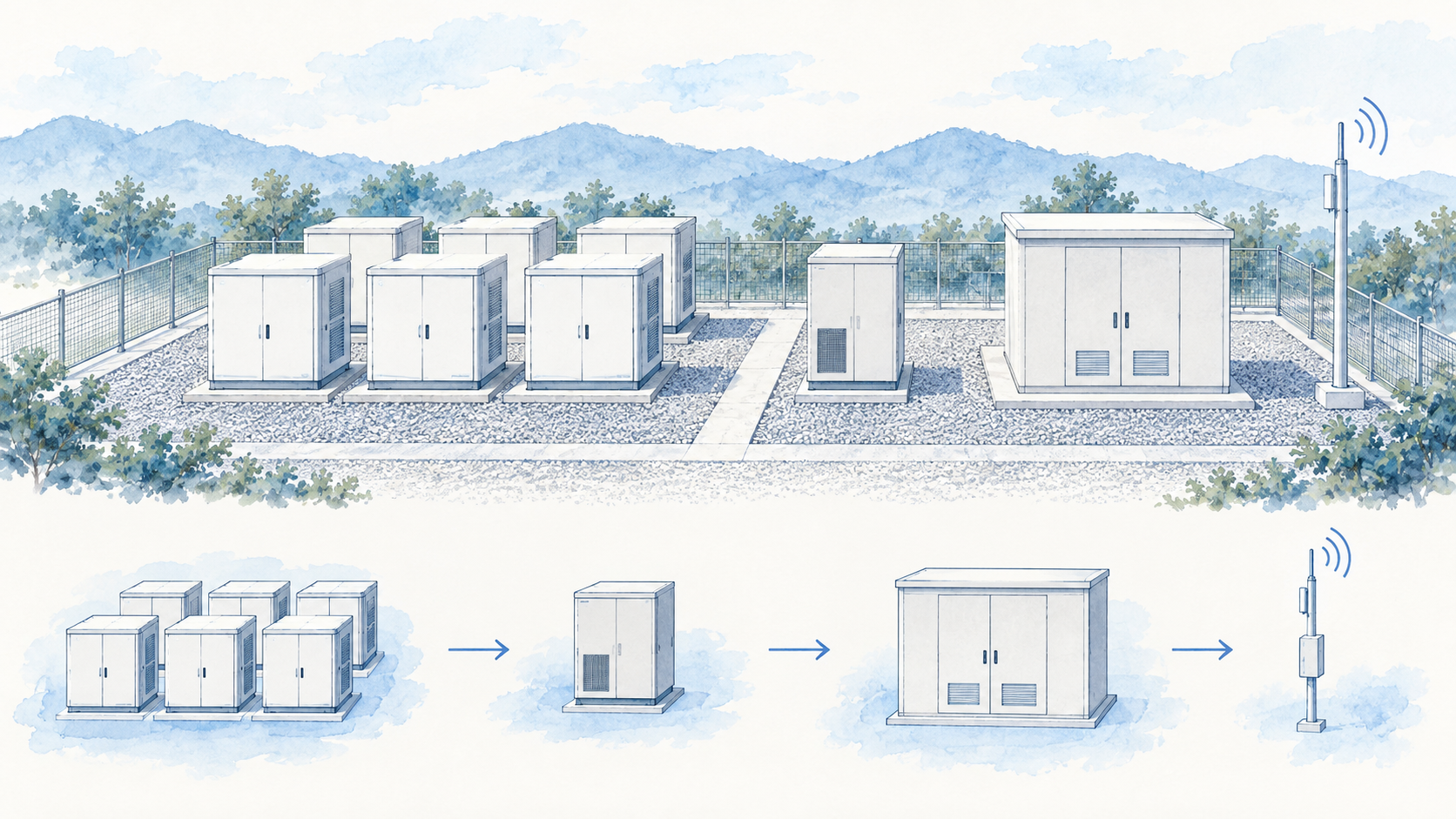 蓄電池・制御・電力変換・系統接続の機能を、一つの設備として整える。(概念イラスト)