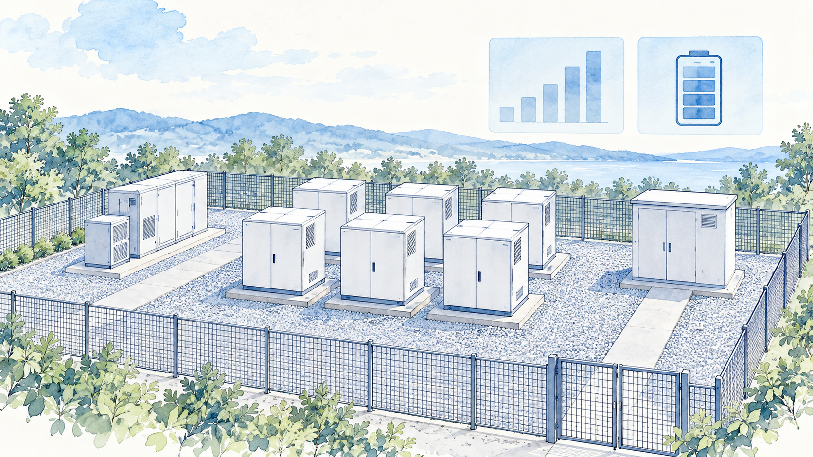 必要な出力と継続時間、運用条件から、蓄電池の容量を考える。(概念イラスト)