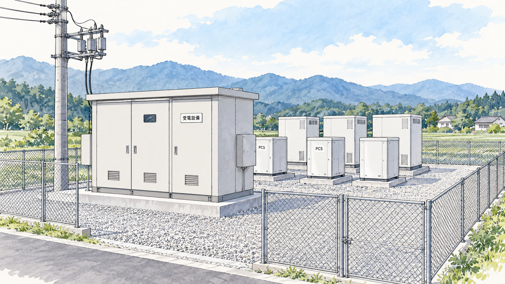 受変電設備は、蓄電所と電力系統をつなぐ接点となる。(概念イラスト)