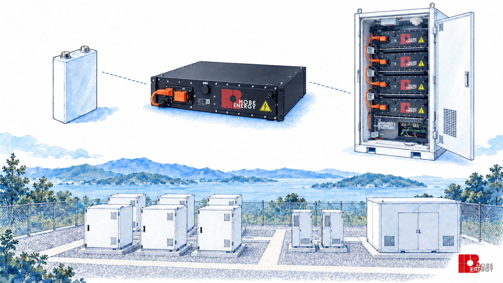 セルの選定からモジュール・ラック、自社開発のBMS・EMSまでをつなげて設計する。(概念イラスト)