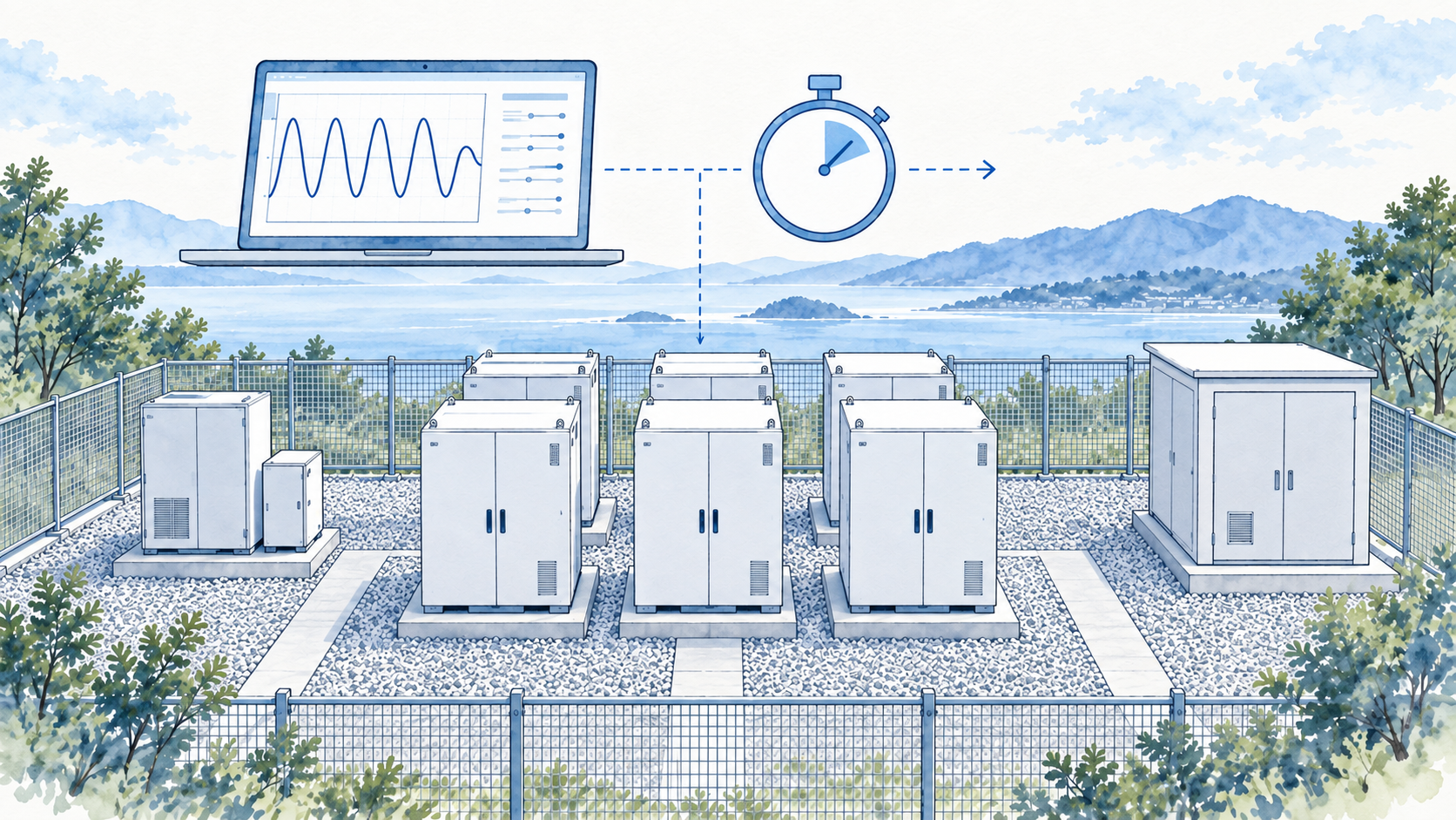 受電前から試験方法と接続条件を整え、現地での確認を進める。（概念イラスト）