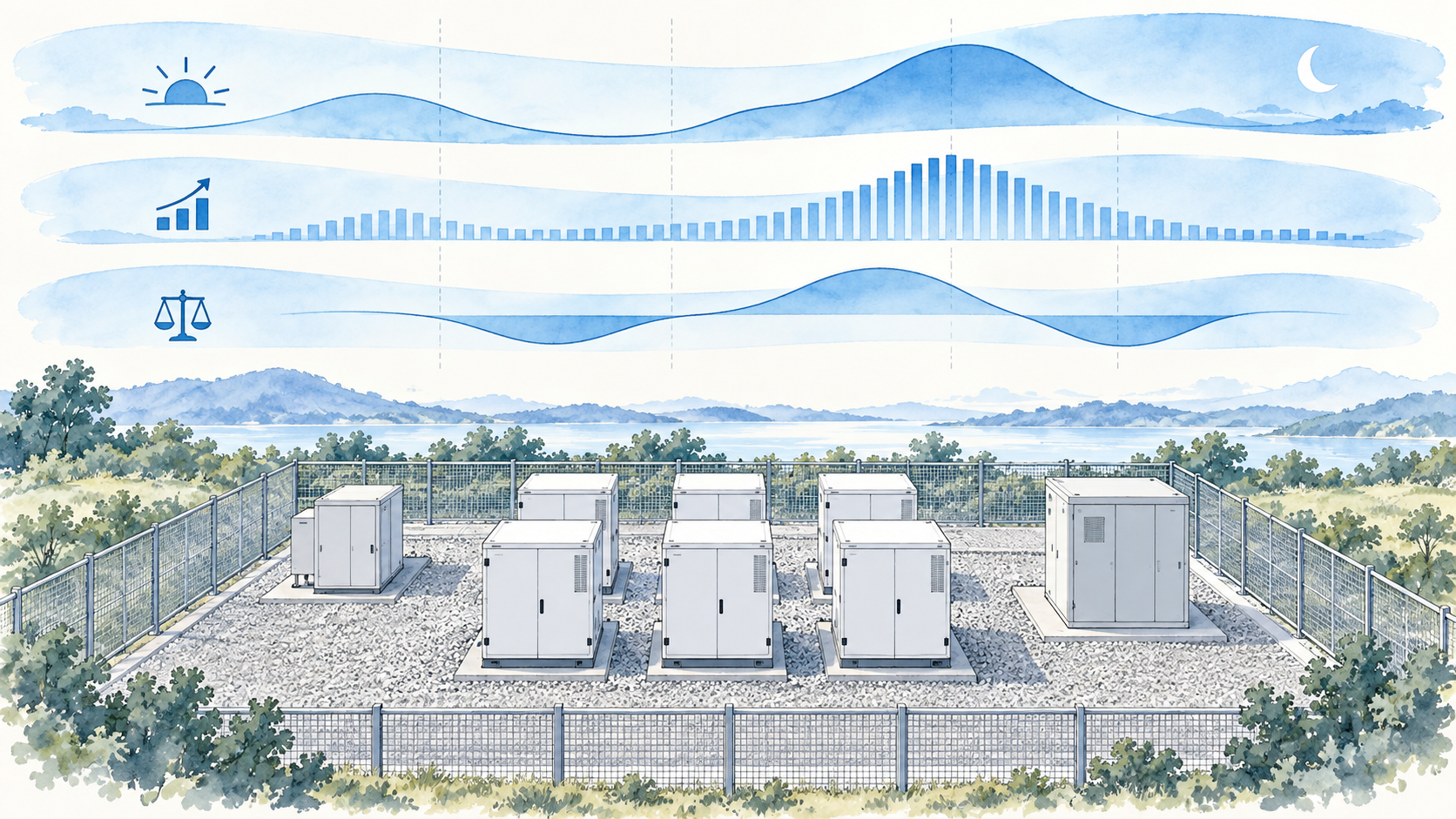 出力・電力量・残量を踏まえ、複数の市場で実行できる運用を組む。(概念イラスト)