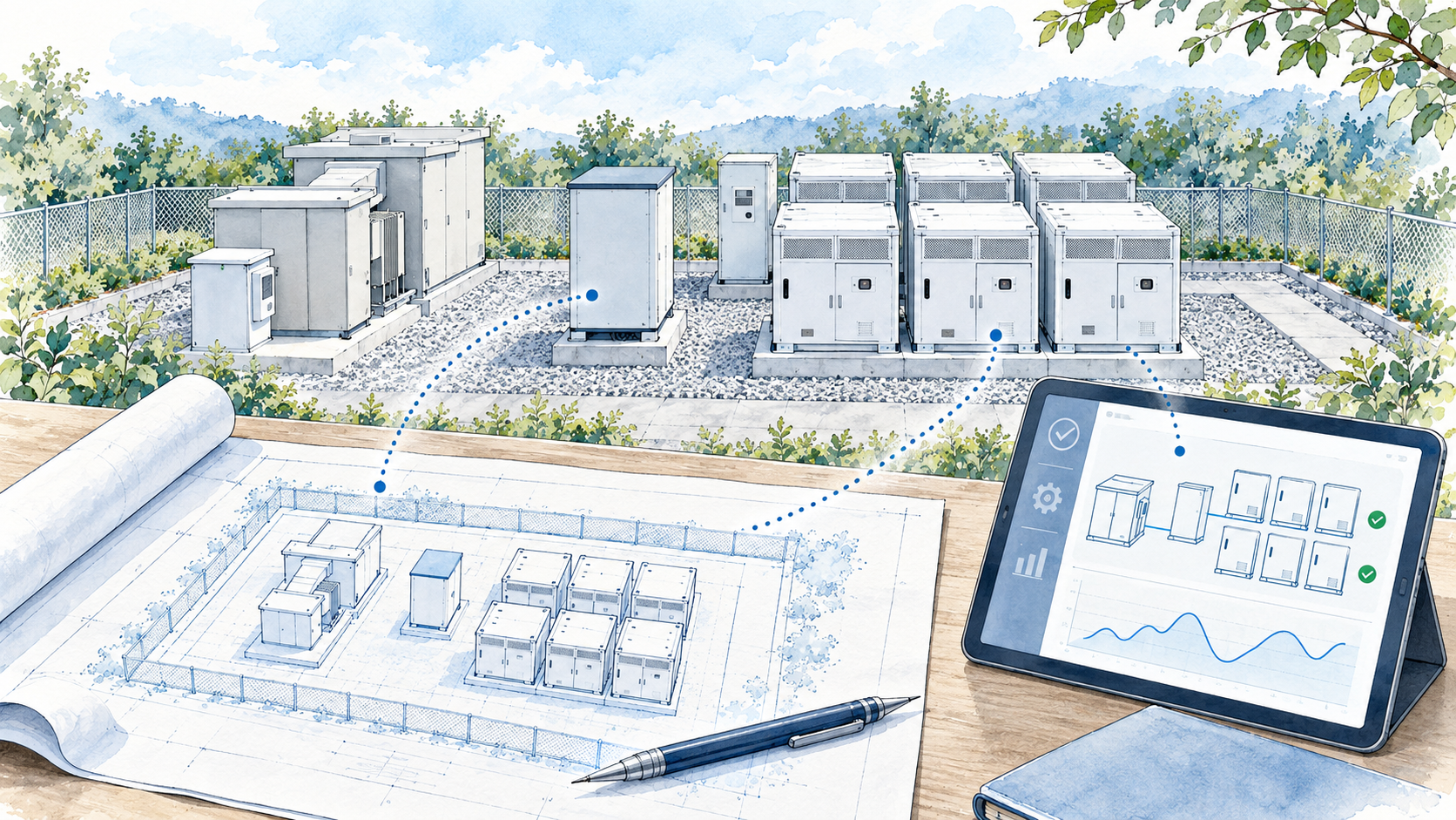 上奈良蓄電所の現地写真。HOBE ENERGYの5ftコンテナ6台を採用。